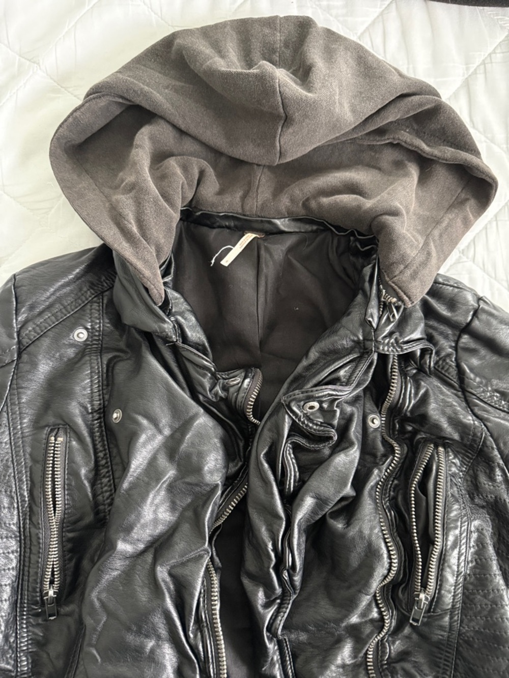 Free People Black Faux Leather Bomber Jacket with Brown Hood